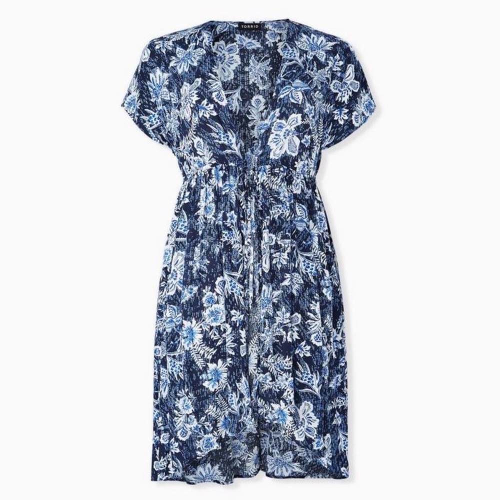 Torrid Floral Gauze Kimono 1X 2X Blue Tie Waist Hi Low Duster Swim Cover Up